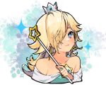  bangs bare_shoulders blonde_hair blue_eyes closed_mouth collarbone cropped_shoulders crown earrings grey_background hair_over_one_eye holding holding_staff jewelry long_hair nachoz_(nachozart) nail_polish pink_nails rosalina shiny shiny_hair staff star_(symbol) star_earrings super_mario_bros. 
