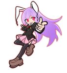  1girl animal_ears black_jacket black_thighhighs blazer breasts brown_footwear closed_mouth collared_shirt crescent crescent_pin full_body jacket long_hair long_sleeves necktie pink_skirt pointing pointing_at_viewer purple_hair puyopuyo rabbit_ears rabbit_girl red_eyes red_necktie reisen_udongein_inaba shinmon_akika shirt simple_background skirt smile solo thigh-highs tongue tongue_out touhou white_background white_shirt 