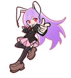  1girl animal_ears black_jacket black_thighhighs blazer breasts brown_footwear closed_mouth collared_shirt crescent crescent_pin full_body jacket long_hair long_sleeves necktie pink_skirt pointing pointing_at_viewer purple_hair puyopuyo rabbit_ears rabbit_girl red_eyes red_necktie reisen_udongein_inaba shinmon_akika shirt simple_background skirt smile solo thigh-highs tongue tongue_out touhou white_background white_shirt 