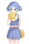  bare_shoulders blue_eyes blue_hair blush cheerleader covering_mouth highres looking_to_the_side midriff naganohara_mio navel nichijou ookiiayu pleated_skirt pom_pom_(cheerleading) simple_background skirt standing twintails white_background 