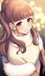  1girl bangs blunt_bangs blurry blush bokeh braid breasts brown_hair depth_of_field french_braid fur-trimmed_jacket fur_trim grin hair_bun highres idolmaster idolmaster_cinderella_girls jacket jacket_partially_removed kamiya_nao long_hair looking_at_viewer medium_breasts red_eyes ribbed_sweater single_hair_bun smile solo sweater thick_eyebrows tobade_(tbd_edabot) upper_body very_long_hair white_sweater 