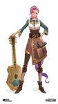  1girl absurdres bangs belt brown_belt brown_footwear brown_pants brown_skirt copyright_name den_(denwhat) english_commentary full_body green_shirt guitar hand_on_hip highres instrument league_of_legends legends_of_runeterra long_hair long_sleeves official_alternate_costume pants pink_hair ponytail seraphine_(league_of_legends) shirt shoes simple_background skirt socks solo striped striped_socks white_background wrench 