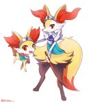  1girl absurdres animal_ear_fluff animal_ears animal_feet animal_nose artist_name ascot black_fur blue_ascot blue_gemstone body_fur bracer braixen closed_mouth clothed_pokemon commentary english_commentary etchyu fangs fennekin flat_chest fox_ears fox_girl fox_tail full_body fur_collar furry furry_female gem happy highres holding holding_stick jewelry looking_at_viewer mixed-language_commentary multicolored_fur neck_ring open_mouth pokemon pokemon_(creature) pokemon_(game) pokemon_unite red_eyes signature simple_background smile snout standing stick tail tiara twitter_username white_background white_fur yellow_fur 