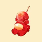  1other among_us artist_name candy candy_apple crewmate_(among_us) disembodied_limb english_commentary food highres holding holding_candy holding_food red_(among_us) signature simple_background sitting skewer solo tenmiyakiyo yellow_background 