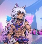 1boy abs animal_ears bangs bare_shoulders bead_necklace beads collarbone colored_skin fox_ears fox_mask jewelry league_of_legends long_hair male_focus mask mask_removed muscular muscular_male navel necklace official_alternate_costume outdoors phantom_ix_row pink_skin sett_(league_of_legends) shiny shiny_hair solo spirit_blossom_sett tattoo torii white_hair 