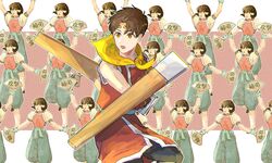  1boy 1girl brown_eyes brown_hair cheering circlet folding_fan gensou_suikoden gensou_suikoden_ii gloves hairband hand_fan hand_fan_writing headband holding holding_weapon nanami_(suikoden) open_mouth pants riou_(gensou_suikoden) ruler_libera shirt short_hair tonfa weapon 