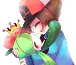  1boy 1girl ^_^ arm_up baseball_cap blue_jacket blush brown_hair closed_eyes colored_skin commentary couple crown flower from_side green_hair hair_flower hair_ornament hand_on_another&#039;s_head happy hat height_difference hetero hilbert_(pokemon) hug interspecies jacket lilligant long_hair long_sleeves lowres monster_girl open_mouth plant plant_girl poke_ball_symbol pokemon pokemon_(creature) pokemon_(game) pokemon_bw profile red_flower red_headwear shira_(sirairo116) short_hair sidelocks sideways_mouth simple_background smile teeth upper_body white_background white_skin yellow_headwear 