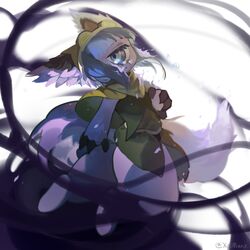  1girl animal_ears bandana bangs belt blue_eyes blue_hair blunt_bangs brown_bandana brown_capelet brown_shirt capelet closed_mouth crying crying_with_eyes_open cyclops expressionless floating full_body furry highres looking_at_viewer made_in_abyss medium_hair mihuatang231 one-eyed pakkoyan purple_fur shirt sidelocks signature solo tail tears twitter_username 