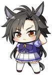  1girl air_shakur_(umamusume) animal_ears arms_behind_head black_hair brown_footwear chibi closed_mouth ear_piercing highres horse_ears horse_girl horse_tail long_hair looking_at_viewer piercing plover purple_serafuku school_uniform serafuku short_sleeves solo tail thigh-highs tracen_school_uniform umamusume white_thighhighs yellow_eyes 