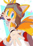  1boy :d blue_eyes ears_through_headwear fang fox_boy furry furry_male gloves goggles goggles_on_head hat highres looking_at_viewer male_focus misuta710 multiple_tails shoes smile solo sonic_(series) tail tails_(sonic) two_tails white_gloves 