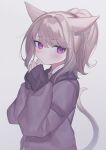  1girl animal_ears avatar_(ff14) cat_ears cat_girl cat_tail commentary final_fantasy final_fantasy_xiv funa_(sakana) highres jacket light_brown_hair long_sleeves looking_at_viewer medium_hair miqo&#039;te own_hands_together ponytail sleeves_past_wrists tail violet_eyes 