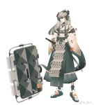  1girl alternate_costume arknights black_ribbon black_socks closed_mouth colored_shoe_soles commentary dong_muxing dragon_horns dragon_tail full_body gradient_hair grey_hair grey_skirt hair_between_eyes hands_on_hips headphones highres horns japanese_clothes kimono long_hair looking_at_viewer multicolored_hair orange_eyes ponytail ribbon saria_(arknights) shield shoes sidelocks simple_background skirt smile socks solo sword tail weapon weibo_logo weibo_username white_background white_footwear white_kimono wide_sleeves 