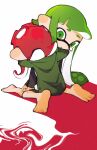  2girls absurdres barefoot bike_shorts black_shorts colored_tongue frown green_eyes green_hair green_tongue highres hood hood_down hug inari1369 inkling inkling_girl kneeling long_hair long_sleeves multiple_girls octoling octoling_girl open_mouth redhead shorts single_vertical_stripe sitting splatoon_(series) suction_cups tentacle_hair white_background 