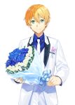  1boy absurdres blonde_hair blue_flower blue_rose collared_shirt eugeo flower formal green_eyes hair_between_eyes highres holding holding_flower looking_at_viewer male_focus necktie ogura_ari rose shirt solo suit sword_art_online sword_art_online:_alicization white_background white_flower white_necktie white_rose white_suit 