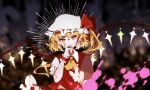  1girl absurdres ascot blonde_hair collared_shirt commentary crystal emphasis_lines fingernails flandre_scarlet foreshortening hand_to_own_mouth hand_up hat hat_ribbon highres long_hair mitunanaki mob_cap one_side_up parted_lips puffy_short_sleeves puffy_sleeves red_eyes red_ribbon red_skirt red_vest ribbon shirt short_sleeves skirt smile solo touhou twitter_username upper_body vest white_headwear white_shirt wings wrist_cuffs yellow_ascot 