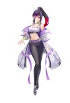  1girl absurdres aillatoste bangs bare_shoulders black_and_red_and_purple_hair black_pants choker closed_mouth coat commentary crop_top flower green_choker hair_between_eyes hair_flower hair_ornament hair_scrunchie highres kitsune_marks kunimitsu_ii kunoichi large_breasts long_hair looking_at_viewer midriff namco off_shoulder open_clothes open_coat pants ponytail purple_scrunchie scrunchie shoes sidelocks simple_background smile sneakers solo sports_bra standing sweatband tekken tekken_8 very_long_hair violet_eyes white_background white_coat white_sports_bra yoga_pants 