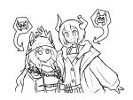  2girls absurdres animal_ears arknights bangs braid ceobe_(arknights) ceobe_(unfettered)_(arknights) choker closed_mouth ears_through_headwear expressionless greyscale highres hood hood_down hooded_jacket horns jacket long_hair long_sleeves looking_ahead looking_at_another monochrome multiple_girls mumei518 official_alternate_costume open_mouth short_hair simple_background sketch smile twin_braids upper_body vulcan_(arknights) white_background 