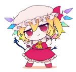  1girl ascot bangs blonde_hair closed_mouth crystal fang flandre_scarlet full_body hat highres laevatein_(touhou) looking_at_viewer mob_cap one_side_up red_eyes red_shirt red_skirt red_vest rei_(tonbo0430) shirt short_sleeves simple_background skirt smile solo touhou vest white_background white_headwear white_shirt wings yellow_ascot 