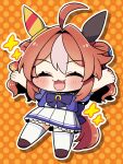  1girl :3 ahoge animal_ears arms_up brown_footwear brown_hair chibi closed_mouth copano_rickey_(umamusume) double_bun ear_covers fang hair_between_eyes hair_bun hair_ornament highres horse_ears horse_girl horse_tail multicolored_hair open_mouth plover purple_serafuku school_uniform serafuku short_sleeves skirt solo streaked_hair tail tassel tassel_hair_ornament thigh-highs tracen_school_uniform umamusume white_skirt white_thighhighs 