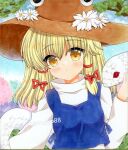  1girl :&lt; bangs blonde_hair blue_ribbon blue_shirt brown_headwear closed_mouth commentary_request daisy flower hair_ribbon hat long_hair moriya_suwako outdoors red_ribbon ribbon shirt snake solo touhou twitter_username upper_body white_shirt white_snake yellow_eyes zenra1112 