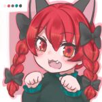  1girl :3 :d animal_ears black_bow bow braid cat_ears dress fangs green_dress hair_bow kaenbyou_rin looking_at_viewer paw_pose red_eyes redhead satsuki_mei_(17maymay14) smile solo tail touhou twin_braids 