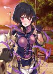  1girl 1other absurdres adapted_costume armor armored_dress aura bench black_gloves black_hair blush breasts commission cowboy_shot dark_aura fire fire_emblem fire_emblem_awakening fire_emblem_heroes full-face_blush gloves highres igni_tion kiran_(fire_emblem) lamppost long_sleeves medium_breasts morgan_(fire_emblem) morgan_(fire_emblem)_(female) official_alternate_costume outdoors pants park park_bench purple_fire red_eyes robe short_hair solo_focus tree white_pants 