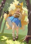  1girl :d absurdres animal animal_ears arknights bag bangs basket black_cat blonde_hair blue_hairband blue_skirt brown_footwear cat commentary_request crossover day fox_ears fox_girl fox_tail frilled_hairband frills green_eyes hair_between_eyes hairband heart heixiu highres holding holding_basket jacket kitsune kuweichuanxin_jr long_hair long_sleeves luoxiaohei neck_ribbon on_head open_clothes open_jacket outdoors puffy_long_sleeves puffy_sleeves red_ribbon ribbon shoes shoulder_bag skirt smile socks suzuran_(arknights) suzuran_(spring_praise)_(arknights) tail teeth the_legend_of_luo_xiaohei tree tree_stump upper_teeth very_long_hair white_jacket white_socks 