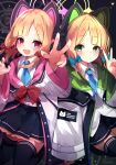  2girls :d absurdres animal_ear_headphones animal_ears bangs black_shorts black_skirt black_thighhighs blonde_hair blue_archive blue_necktie blush closed_mouth collared_shirt commentary_request english_text fake_animal_ears green_eyes highres jacket long_sleeves looking_at_viewer midori_(blue_archive) momoi_(blue_archive) multiple_girls necktie open_clothes open_jacket parted_bangs rai_(sakuranbo_sugar) red_eyes shirt short_shorts shorts siblings sisters skirt smile thigh-highs twins v white_jacket white_shirt wide_sleeves 