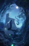  1boy animal animal_ears blue_theme cave facing_away fireflies fox_boy fox_ears fox_tail full_moon highres long_hair long_sleeves male_focus midriff moon mountainous_horizon nature night night_sky original outstretched_arms plant ponytail road robe see-through_silhouette sitting sky snake tail tree vines white_hair wide_sleeves zzzi_gn 