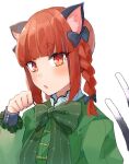  1girl adapted_costume animal_ears bangs black_bow blunt_bangs bow braid cat_ears cat_tail dress green_dress hair_bow kaenbyou_rin kuroda_(chokobo_314) long_sleeves looking_at_viewer multiple_tails nekomata paw_pose red_eyes redhead solo tail touhou two_tails upper_body 