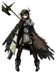  1girl ahoge arknights beret black_gloves black_headwear brown_hair cloak elbow_gloves expressionless feather_hair feathered_wings full_body gloves hair_between_eyes hat highres holding holding_polearm holding_weapon looking_at_viewer multicolored_hair plume_(arknights) polearm short_hair simple_background solo standing strap thigh-highs truffletrefla two-tone_hair weapon white_background white_hair wings yellow_eyes 