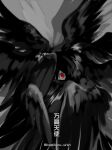  1boy absurdres animal artist_name bangs bird black_hair crow danganronpa_(series) danganronpa_2:_goodbye_despair grey_background highres kamukura_izuru looking_at_viewer male_focus red_eyes translation_request tuteurfars_shin wings 