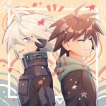  2boys :d ahoge back-to-back bangs brown_jacket cheer_(cheerkitty14) danganronpa:_trigger_happy_havoc danganronpa_(series) danganronpa_v3:_killing_harmony from_side green_hoodie grey_eyes grey_hair grin headphones highres hood hood_down hoodie jacket keebo long_sleeves looking_at_viewer looking_to_the_side male_focus multicolored_background multiple_boys naegi_makoto notice_lines smile star_(symbol) teeth upper_body upper_teeth 