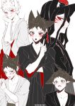  5boys :o absurdres ahoge artist_name bangs blush brown_eyes brown_hair collarbone danganronpa_(series) danganronpa_2:_goodbye_despair earrings facial_mark hakama heterochromia highres hinata_hajime japanese_clothes jewelry kimono komaeda_nagito long_hair looking_at_another lower_teeth multiple_boys multiple_persona red_eyes short_hair teeth tongue tuteurfars_shin whisker_markings white_background 