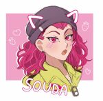  1boy :o animal_ears bangs black_headwear blush character_name cropped_shoulders danganronpa_(series) danganronpa_2:_goodbye_despair earrings fake_animal_ears heart jewelry kiki_witch male_focus medium_hair pink_background pink_eyes pink_hair sharp_teeth solo souda_kazuichi teeth tongue upper_teeth white_background 