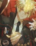  1boy absurdres black_cape black_jacket blonde_hair cape chair collared_cape collared_shirt commentary dutch_angle english_commentary fire formal giotto gloves hair_between_eyes highres holding holding_pocket_watch jacket katekyo_hitman_reborn looking_at_object male_focus mors_gn necktie pinstripe_jacket pinstripe_pattern pinstripe_suit pocket_watch shirt short_hair solo striped suit tassel upper_body watch white_shirt yellow_eyes 
