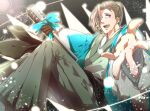  1boy :d ahoge beckoning black_sash blue_bow blue_jacket bow brown_hair fate/grand_order fate_(series) feet_out_of_frame green_hakama green_kimono hair_over_one_eye hair_pulled_back hakama hakama_pants haori holding holding_microphone_stand honeycomb_(pattern) honeycomb_background jacket japanese_clothes kimono looking_at_viewer male_focus masaki_(star8moon) microphone microphone_stand pants sash short_hair smile teeth upper_teeth vintage_microphone violet_eyes yamanami_keisuke_(fate) 