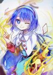  1girl ;) bangs blue_eyes blue_hair cape closed_mouth highres index_finger_raised long_sleeves looking_at_viewer multicolored_clothes multicolored_hairband one_eye_closed short_hair simple_background smile solo tarutsu tenkyuu_chimata touhou upper_body white_background white_cape 