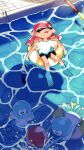  1girl absurdres ball bare_legs barefoot black_shorts cellphone closed_eyes dropping highres inari1369 inkling inkling_girl innertube jellyfish_(splatoon) long_hair open_mouth partially_submerged phone pink_hair pool pool_ladder shirt short_sleeves shorts smartphone smile splashing splatoon_(series) t-shirt tentacle_hair water wet wet_clothes wet_shirt white_shirt 