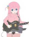  1girl absurdres bangs black_skirt black_socks blue_eyes blush bocchi_the_rock! breasts computer crossed_bangs electric_guitar gotou_hitori guitar hair_between_eyes hair_bobbles hair_ornament hair_over_eyes highres holding holding_instrument instrument jacket laptop large_breasts long_bangs long_hair one_side_up open_mouth pink_hair pink_jacket pleated_skirt seiza simple_background sincos sitting skirt smile socks solo strap track_jacket webcam white_background 