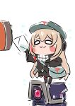  1girl :3 arm_up bangs black_jacket blonde_hair blush_stickers chibi chika_(keiin) commentary_request dinergate_(girls&#039;_frontline) girls_frontline gloves hair_between_eyes hat headgear highres holding holding_letter jacket letter long_hair long_sleeves looking_ahead m4_sopmod_ii_jr mailbag mailbox_(incoming_mail) multicolored_hair non-humanoid_robot redhead robot simple_background smile streaked_hair trembling white_background 