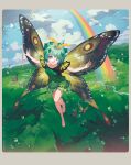  1girl antennae aqua_hair barefoot brown_eyes bug butterfly butterfly_wings clouds commentary day dress eternity_larva flying full_body green_butterfly green_dress hair_ornament highres leaf_hair_ornament looking_at_viewer momijigari open_hands outstretched_arms parted_lips rainbow short_hair sky smile solo sparkle touhou water_drop wings 