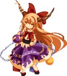  1girl black_footwear bow bowtie chain closed_mouth full_body gourd hair_bow hand_on_hip horns ibuki_suika long_hair lowres orange_hair pixel_art purple_skirt red_bow red_bowtie rrrssr shirt simple_background skirt smile solo torn_clothes torn_sleeves touhou white_background white_shirt 