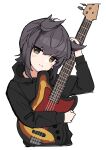  1girl alternate_costume black_hair black_hoodie blush brown_eyes closed_mouth cropped_torso electric_guitar guitar hair_flaps hatsuzuki_(kancolle) highres holding holding_instrument hood hoodie instrument kantai_collection long_sleeves sayuwan short_hair simple_background smile solo upper_body white_background 