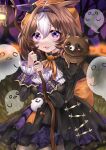  1girl :3 absurdres ahoge animal_ears animal_on_shoulder back_bow bangs bare_tree black_dress black_ribbon bow brown_hair commentary_request days_in_a_flash_(umamusume) dress ear_covers frilled_ribbon frilled_sleeves frills ghost ghost_ornament hair_intakes hair_ribbon halloween halloween_costume hat highres holding holding_pole horse_ears horse_girl inairego116 jack-o&#039;-lantern lantern long_sleeves looking_at_viewer medium_hair meisho_doto_(dot-o&#039;-lantern)_(umamusume) meisho_doto_(umamusume) multicolored_hair neck_ribbon night official_alternate_costume open_mouth orange_bow orange_headwear orange_ribbon outdoors partial_commentary pole raccoon ribbon short_dress single_ear_cover smile solo standing tree two-tone_hair umamusume violet_eyes white_hair 