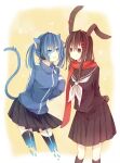  2girls animal_ears asterisk_pattern blue_tail disembodied_legs ene_(kagerou_project) highres hyou_(pixiv3677917) kagerou_project multiple_girls rabbit_ears red_scarf scarf school_skirt tateyama_ayano 