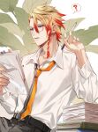  1boy axel_syrios belt blonde_hair book collared_shirt glasses highres holostars holostars_english isal_(lasi) multicolored_hair necktie pants paper pencil redhead secretary shirt solo sticky_note streaked_hair virtual_youtuber 