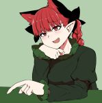  1girl :d animal_ears bow braid cat_ears dress extra_ears fang green_background green_dress kaenbyou_rin long_sleeves mizuga open_mouth pointy_ears red_eyes redhead smile solo touhou twin_braids upper_body 