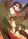  1girl :d black_eyes black_hair black_thighhighs black_wings boruto:_naruto_next_generations brown_sleeves detached_sleeves feathered_wings from_below glasses gradient gradient_background highres japanese_clothes kimono naruto_(series) rectangular_eyewear red-framed_eyewear red_kimono short_hair short_kimono short_shorts shorts sleeveless sleeveless_kimono smile solo suzu_(tg_390) tengu thigh-highs uchiha_sarada white_shorts wings zettai_ryouiki 