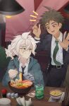  2boys ahoge artist_name bangs black_jacket black_necktie black_pants blurry blurry_background blush brown_eyes collared_shirt cup danganronpa_(series) danganronpa_2:_goodbye_despair dr_pepper dress_shirt egg_(food) food green_jacket green_necktie highres hinata_hajime hood hood_down jacket kiki_witch komaeda_nagito looking_at_another male_focus mechanical_arms multiple_boys necktie noodles notice_lines official_alternate_costume open_clothes open_jacket outdoors pants ramen shirt shirt_tucked_in single_mechanical_arm smile steam sweatdrop white_shirt 